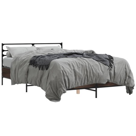 Oak brown metal engineered wood bed frame 140x190 cm by vidaXL, Beds and slatted bases - Ref: Foro24-3280081, Price: 149,57 €...