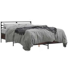 Estructura cama madera ingeniería metal marrón roble 135x190 cm de vidaXL, Camas y somieres - Ref: Foro24-3280076, Precio: 14...