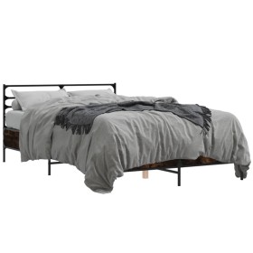 Estructura cama madera ingeniería metal roble ahumado 135x190cm de vidaXL, Camas y somieres - Ref: Foro24-3280074, Precio: 14...