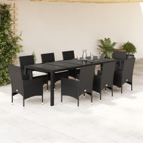 Set comedor jardín 9 pzas cojines ratán sintético vidrio negro de vidaXL, Conjuntos de jardín - Ref: Foro24-3278585, Precio: ...