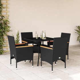 Set comedor jardín 5 pzas cojines ratán sintético vidrio negro de vidaXL, Conjuntos de jardín - Ref: Foro24-3278704, Precio: ...