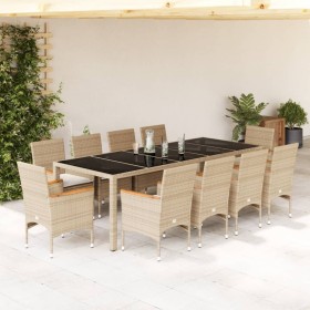 Set comedor jardín 11 pzas cojines ratán sintético vidrio beige de vidaXL, Conjuntos de jardín - Ref: Foro24-3278738, Precio:...