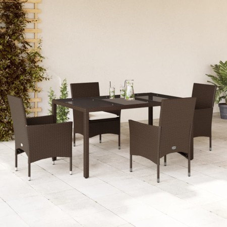 Set comedor jardín 5 pzas cojines ratán sintético vidrio marrón de vidaXL, Conjuntos de jardín - Ref: Foro24-3278551, Precio:...