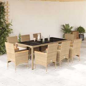 Garden dining set 9 pieces with synthetic rattan cushions and beige glass by vidaXL, Garden sets - Ref: Foro24-3278662, Price...