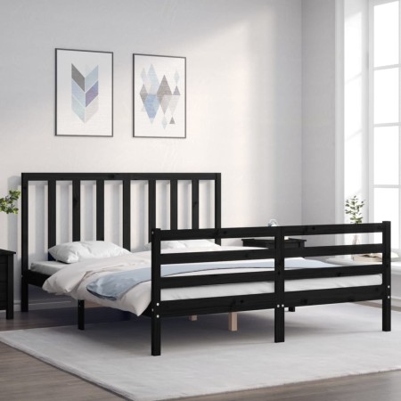 Double bed frame with black solid wood headboard by vidaXL, Beds and slatted bases - Ref: Foro24-3193800, Price: 157,99 €, Di...