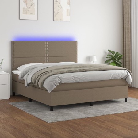 Boxspringbett mit Matratze und LED-Leuchten taupegrauer Stoff 160x200 cm von vidaXL, Betten und Lattenroste - Ref: Foro24-313...