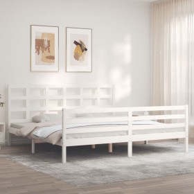 Double bed frame with white solid wood headboard by vidaXL, Beds and slatted bases - Ref: Foro24-3194002, Price: 148,39 €, Di...