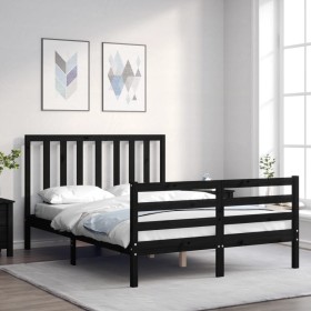 Double bed frame with black solid wood headboard by vidaXL, Beds and slatted bases - Ref: Foro24-3193770, Price: 167,99 €, Di...