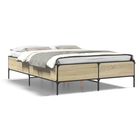 Estructura cama madera ingeniería metal roble Sonoma 135x190 cm de vidaXL, Camas y somieres - Ref: Foro24-3279813, Precio: 13...