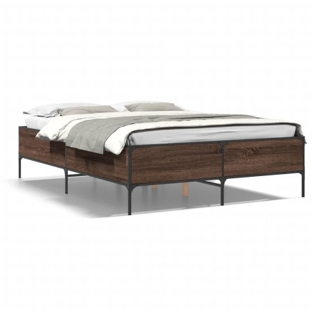 Oak brown metal engineered wood bed frame 140x190 cm by vidaXL, Beds and slatted bases - Ref: Foro24-3279811, Price: 141,34 €...