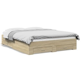 Sonoma oak engineered wood bed with drawers 140x200 cm by vidaXL, Beds and slatted bases - Ref: Foro24-3280386, Price: 174,94...