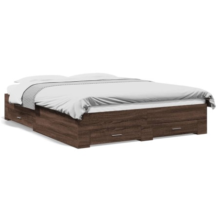 Oak brown engineered wood bed with drawers 140x200 cm by vidaXL, Beds and slatted bases - Ref: Foro24-3280390, Price: 209,28 ...