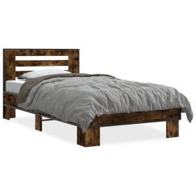 Engineered wood bed frame metal smoke oak 75x190 cm by vidaXL, Beds and slatted bases - Ref: Foro24-845659, Price: 94,99 €, D...