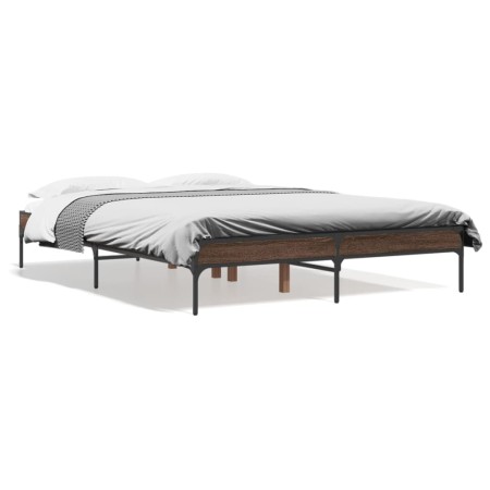 Estructura cama madera ingeniería metal marrón roble 135x190 cm de vidaXL, Camas y somieres - Ref: Foro24-845045, Precio: 102...