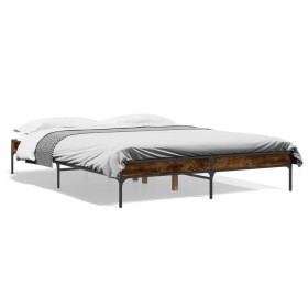 Engineered wood bed frame metal smoked oak 140x200cm by vidaXL, Beds and slatted bases - Ref: Foro24-845018, Price: 104,46 €,...