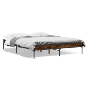 Engineered wood bed frame metal smoked oak 150x200cm by vidaXL, Beds and slatted bases - Ref: Foro24-845013, Price: 105,66 €,...