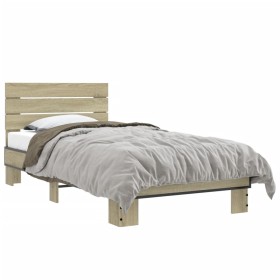 Sonoma oak metal engineered wood bed frame 75x190 cm by vidaXL, Beds and slatted bases - Ref: Foro24-845748, Price: 94,51 €, ...