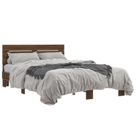 Estructura cama madera ingeniería metal marrón roble 135x190 cm de vidaXL, Camas y somieres - Ref: Foro24-3280166, Precio: 15...