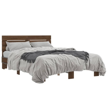 Engineered wood bed frame oak brown metal 135x190 cm by vidaXL, Beds and slatted bases - Ref: Foro24-3280166, Price: 153,59 €...