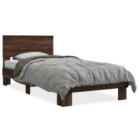 Estructura cama madera ingeniería metal roble marrón 90x200 cm de vidaXL, Camas y somieres - Ref: Foro24-845811, Precio: 98,9...