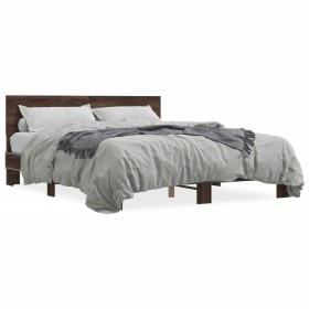 Oak brown metal engineered wood bed frame 150x200 cm by vidaXL, Beds and slatted bases - Ref: Foro24-3280191, Price: 161,99 €...