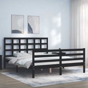 Estructura cama de matrimonio con cabecero madera maciza negro de vidaXL, Camas y somieres - Ref: Foro24-3193995, Precio: 162...