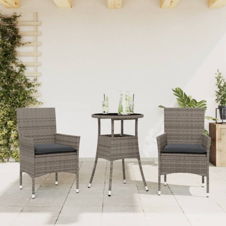 Set comedor jardín 3 pzas y cojines ratán sintético vidrio gris de vidaXL, Conjuntos de jardín - Ref: Foro24-3278621, Precio:...