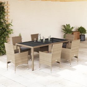 Garten-Essgruppe, 7-teilig, mit Kissen aus beigem synthetischem Rattan aus Glas von vidaXL, Gartensets - Ref: Foro24-3278565,...