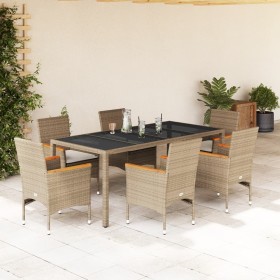 Garten-Essgruppe, 7-teilig, mit Kissen aus beigem synthetischem Rattan aus Glas von vidaXL, Gartensets - Ref: Foro24-3278661,...