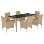 Set comedor jardín 7 pzas cojines ratán sintético vidrio beige de vidaXL, Conjuntos de jardín - Ref: Foro24-3278661, Precio: ...