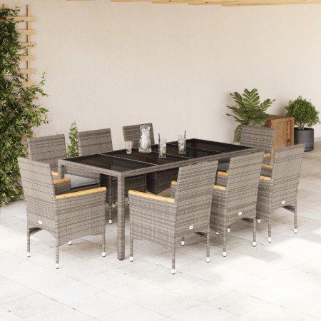 Set comedor jardín 9 pzas y cojines ratán sintético vidrio gris de vidaXL, Conjuntos de jardín - Ref: Foro24-3278656, Precio:...