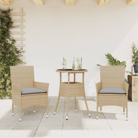 Garten-Essgruppe, 3-teilig, mit Kissen aus beigem synthetischem Rattan aus Glas von vidaXL, Gartensets - Ref: Foro24-3278623,...