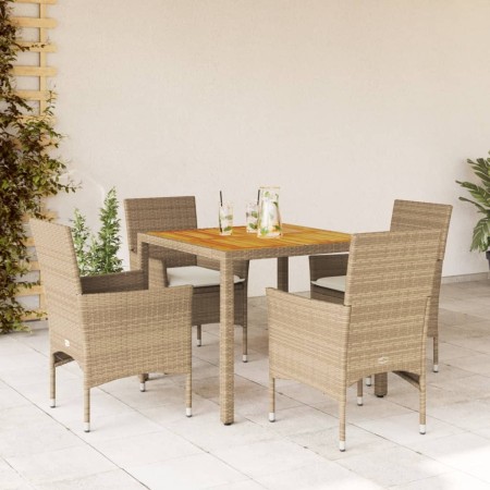 Set de comedor jardín 5 pzas con cojines ratán PE acacia beige de vidaXL, Conjuntos de jardín - Ref: Foro24-3278682, Precio: ...