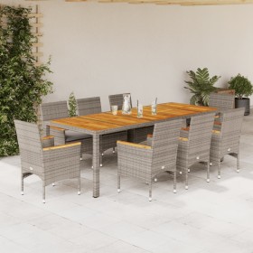 Set de comedor jardín 9 pzas con cojines ratán PE acacia gris de vidaXL, Conjuntos de jardín - Ref: Foro24-3278689, Precio: 7...