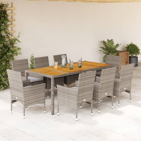 Set de comedor jardín 9 pzas con cojines ratán PE acacia gris de vidaXL, Conjuntos de jardín - Ref: Foro24-3278680, Precio: 6...