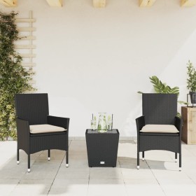 Table and chairs with cushions 3 pieces synthetic rattan black glass by vidaXL, Garden sets - Ref: Foro24-3278739, Price: 182...