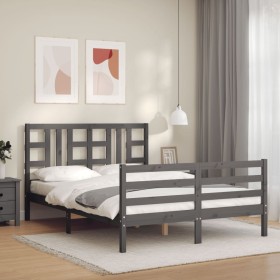 Estructura cama de matrimonio con cabecero madera maciza gris de vidaXL, Camas y somieres - Ref: Foro24-3193898, Precio: 170,...