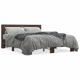 Engineered wood bed frame oak brown metal 160x200 cm by vidaXL, Beds and slatted bases - Ref: Foro24-3280096, Price: 165,01 €...