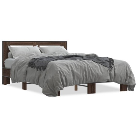 Estructura cama madera ingeniería metal marrón roble 135x190 cm de vidaXL, Camas y somieres - Ref: Foro24-3280126, Precio: 15...