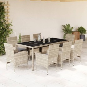 Set de comedor jardín 9 piezas y cojines ratán PE y vidrio gris de vidaXL, Conjuntos de jardín - Ref: Foro24-3278578, Precio:...