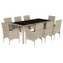 Set de comedor jardín 9 piezas y cojines ratán PE y vidrio gris de vidaXL, Conjuntos de jardín - Ref: Foro24-3278578, Precio:...