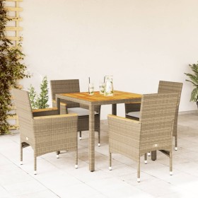 5-teiliges Garten-Essset mit beigen Akazien-PE-Rattankissen von vidaXL, Gartensets - Ref: Foro24-3278640, Preis: 411,24 €, Ra...