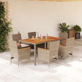 7-teiliges Garten-Essset mit beigen Akazien-PE-Rattankissen von vidaXL, Gartensets - Ref: Foro24-3278642, Preis: 598,99 €, Ra...