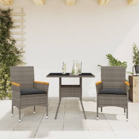 Set comedor jardín 3 pzas y cojines ratán sintético vidrio gris de vidaXL, Conjuntos de jardín - Ref: Foro24-3278705, Precio:...