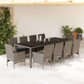 Garten-Essgruppe 11-teilig mit Kissen aus synthetischem Rattan und grauem Glas von vidaXL, Gartensets - Ref: Foro24-3278592, ...