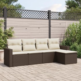 5-teiliges Garten-Essset und braune Kissen aus synthetischem Rattan von vidaXL, Modulare Sofas für den Außenbereich - Ref: Fo...