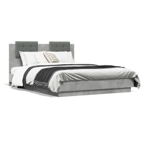 Cama con cabecero madera de ingeniería gris hormigón 140x190 cm de vidaXL, Camas y somieres - Ref: Foro24-3209950, Precio: 18...