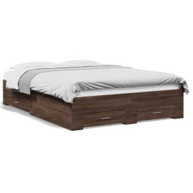 Oak brown engineered wood bed with drawers 140x190 cm by vidaXL, Beds and slatted bases - Ref: Foro24-3280404, Price: 205,23 ...