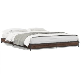 Engineered wood bed frame oak brown metal 135x190 cm by vidaXL, Beds and slatted bases - Ref: Foro24-845165, Price: 87,40 €, ...