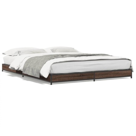 Engineered wood bed frame oak brown metal 135x190 cm by vidaXL, Beds and slatted bases - Ref: Foro24-845165, Price: 87,99 €, ...